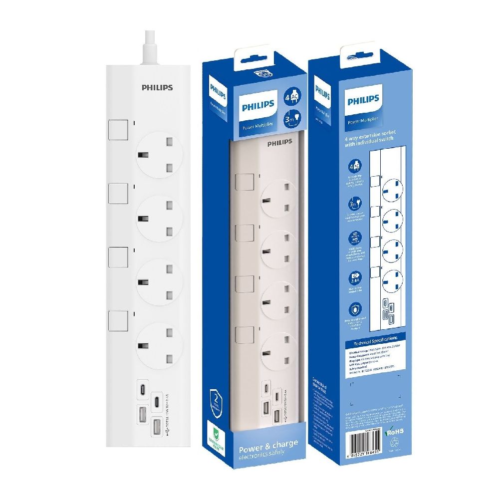 Philips - CHP4747WB USB拖板 四位獨立開關USB安全插座 【香港行貨】