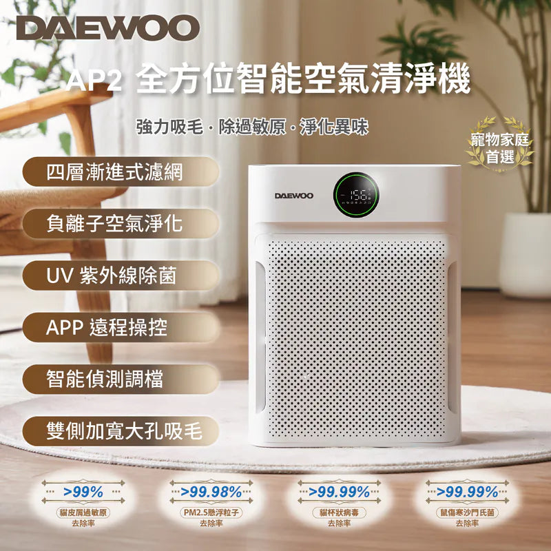 DAEWOO - AP2全方位智能空氣清淨機 寵物家庭首選 Smart Wi-Fi Air Purifier【香港行貨】
