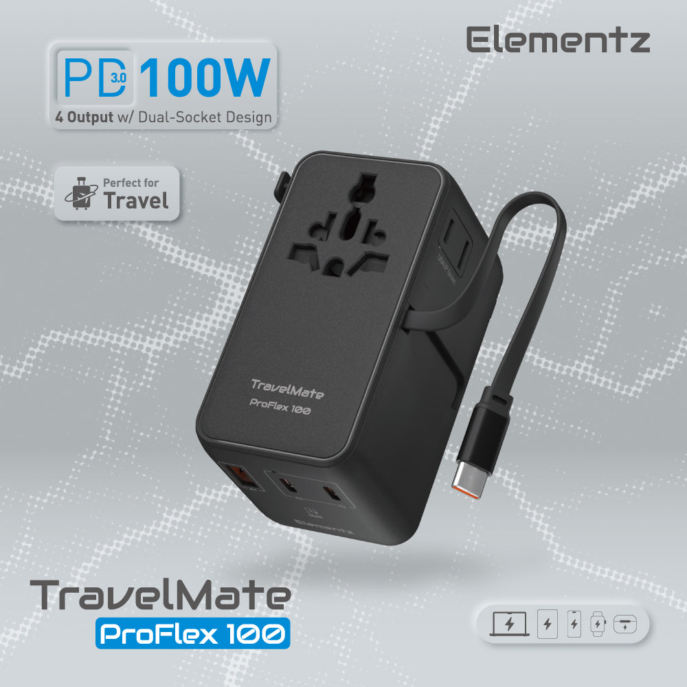 Elementz - PD3.0 100W 4接口 通用旅行轉插 旅行充電器 帶Typc-C伸縮線 TravelMate ProFlex 100W Travel Adapter (PT-W100H)【香港行貨】