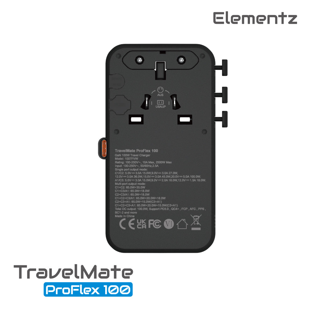 Elementz - PD3.0 100W 4接口 通用旅行轉插 旅行充電器 帶Typc-C伸縮線 TravelMate ProFlex 100W Travel Adapter (PT-W100H)【香港行貨】