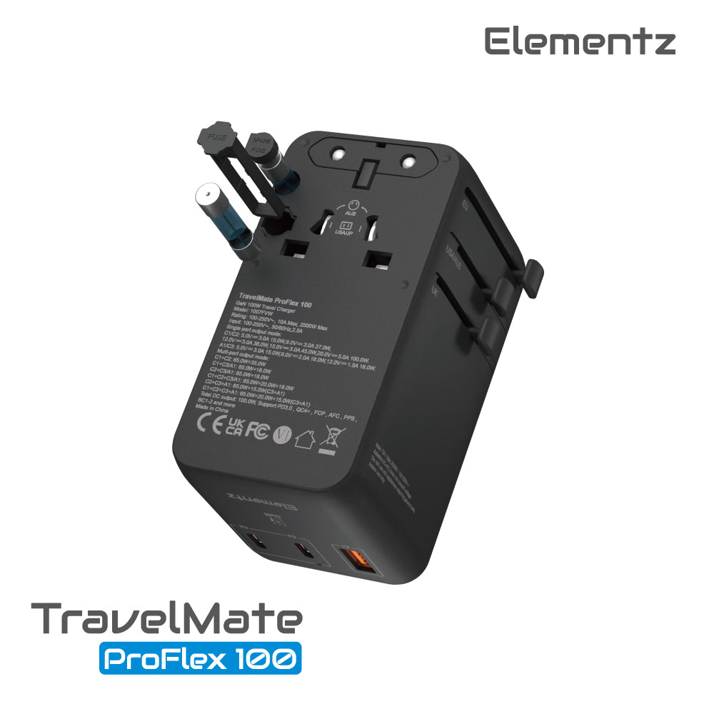 Elementz - PD3.0 100W 4接口 通用旅行轉插 旅行充電器 帶Typc-C伸縮線 TravelMate ProFlex 100W Travel Adapter (PT-W100H)【香港行貨】