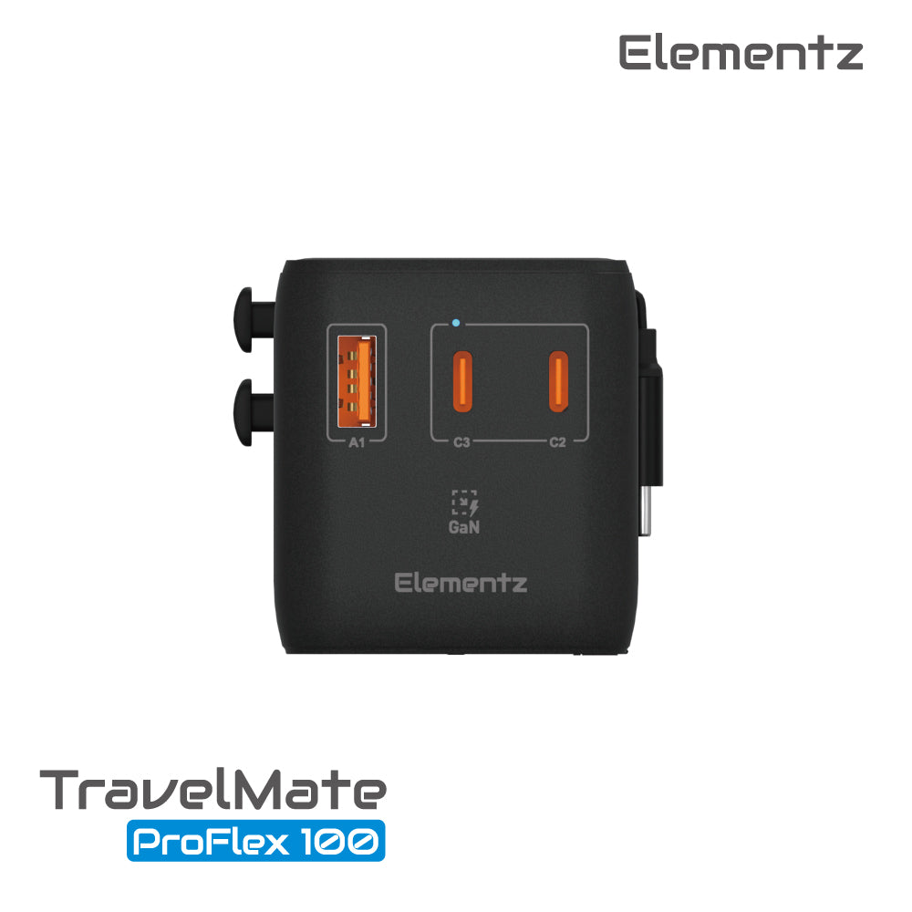 Elementz - PD3.0 100W 4接口 通用旅行轉插 旅行充電器 帶Typc-C伸縮線 TravelMate ProFlex 100W Travel Adapter (PT-W100H)【香港行貨】
