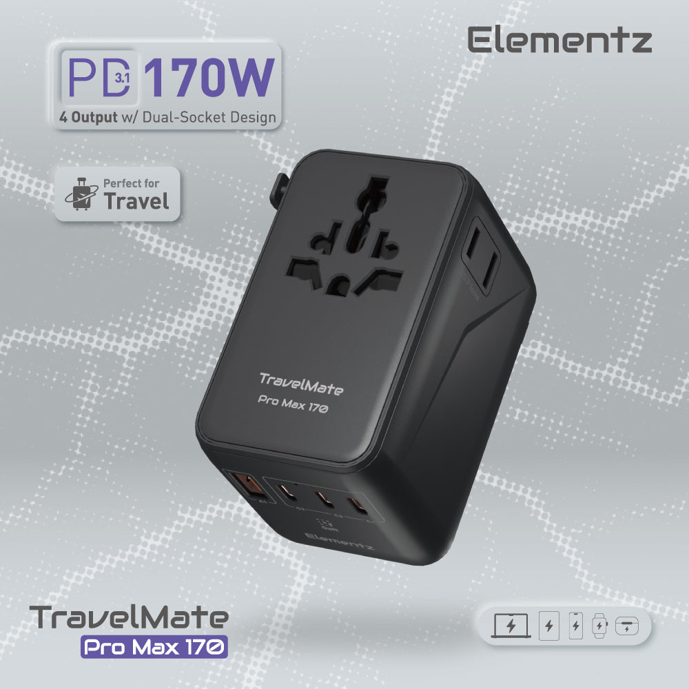 Elementz - PD3.1 170W 4接口 通用旅行轉插 旅行充電器 TravelMate ProMax 170W Travel Adapter (PT-W170)【香港行貨】