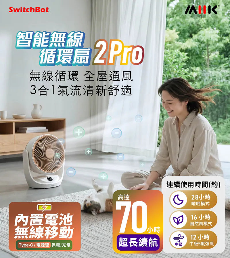 SwitchBot - Battery Circulator Fan 2 Pro 內置電池智能循環風扇 Wi-Fi 連線 (直入Matter)【香港行貨】