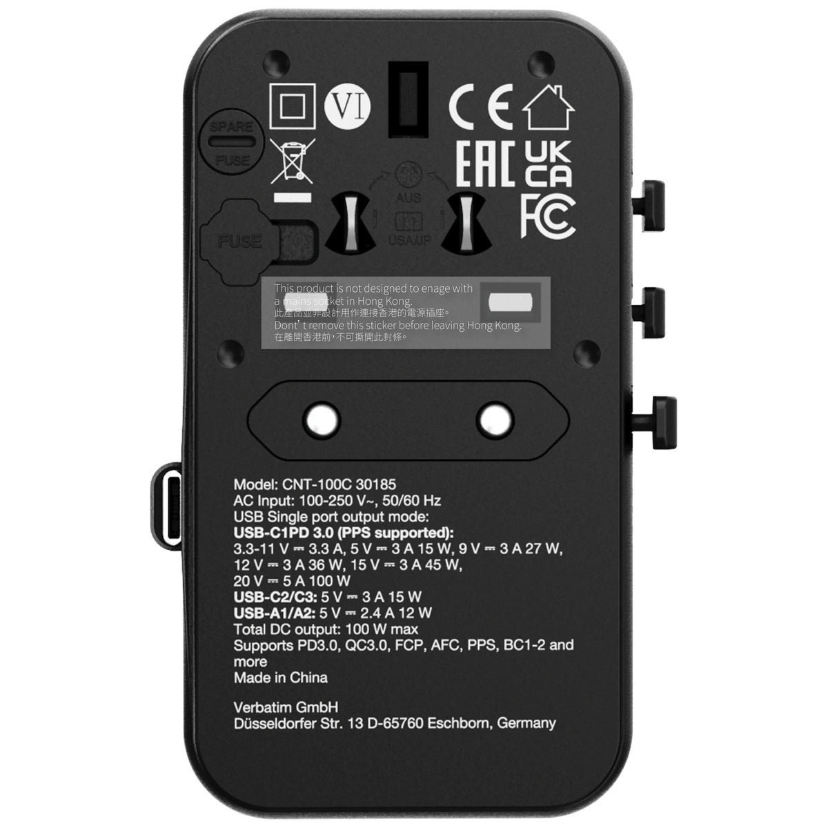 Verbatim - Charge 'n' Travel 100W 通用旅行轉插 (附USB-C可伸縮充電線) GaN III 旅行轉插 Travel Adapter 30185【香港行貨】