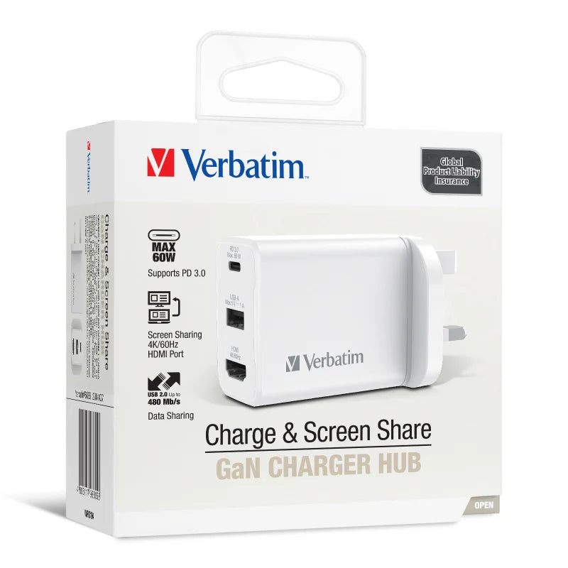 Verbatim - Charge & Screen Share Adapter PD 60W 充電及屏幕共享 GaN 充電集線器 66895【香港行貨】