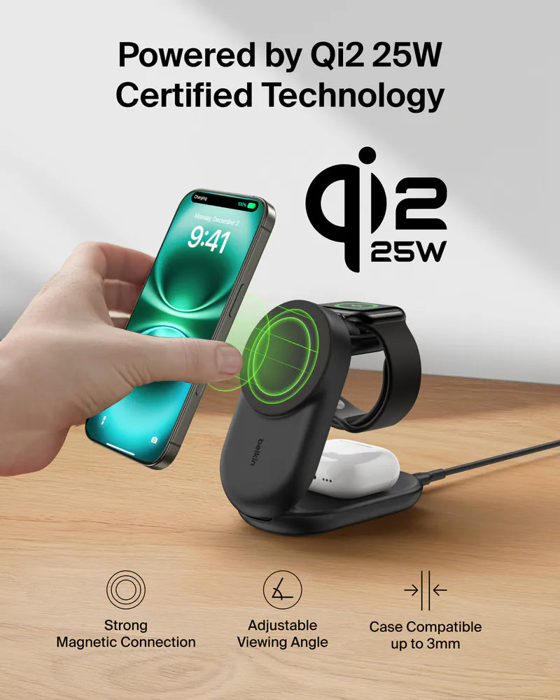 Belkin - UltraCharge Qi2 3合1 可摺疊磁吸充電器 25W (附送 45W 充電器) WIZ037my【香港行貨】