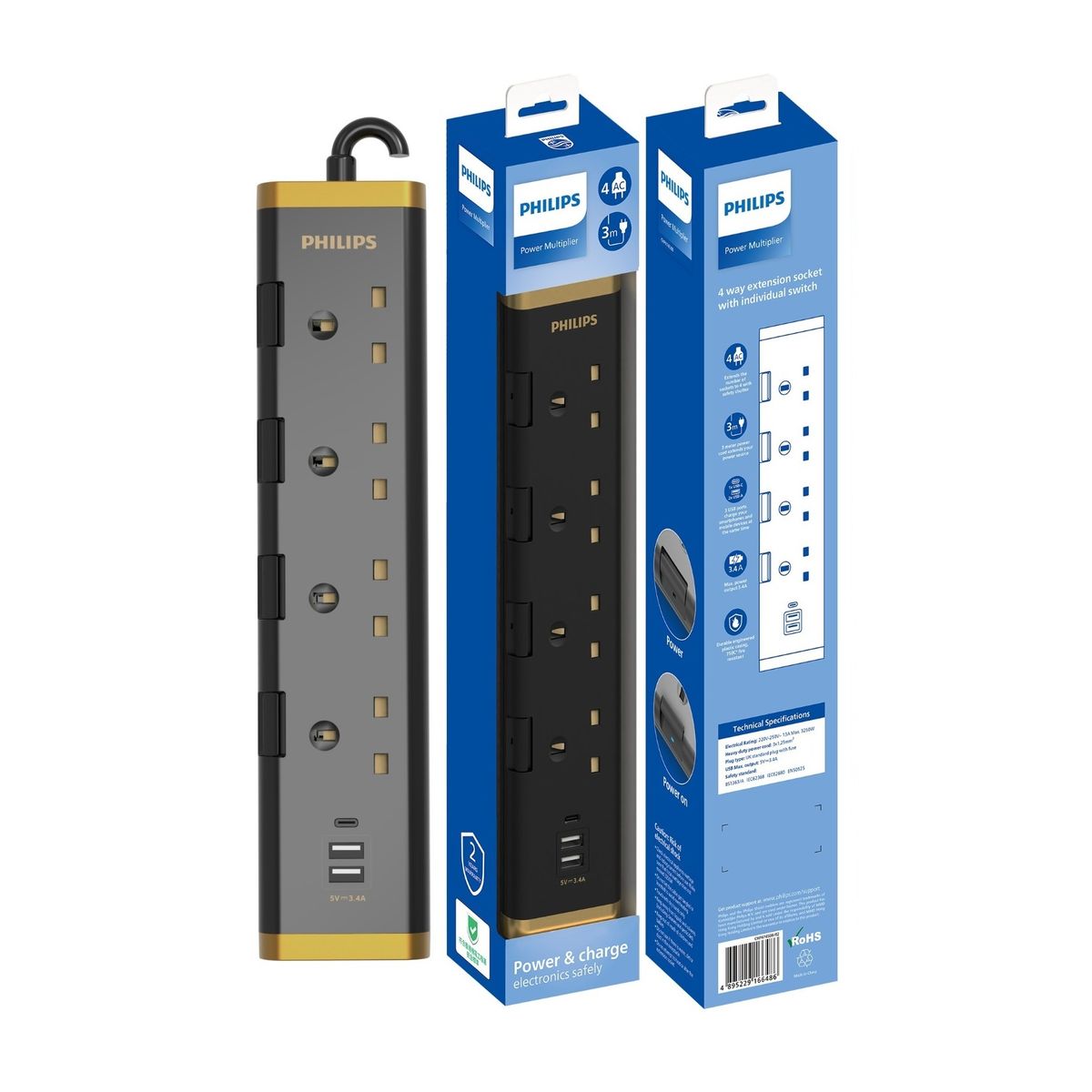 Philips - CHP4745BB USB拖板 3米長 四位獨立開關USB電拖板【香港行貨】