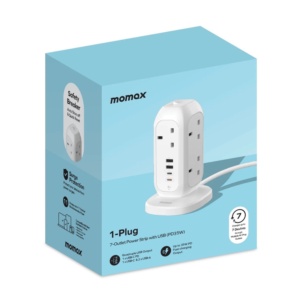 Momax - OnePlug 1-Plug PD35W 2A2C 7位拖板 直立式拖板 Upright Power Strip US18A【香港行貨】