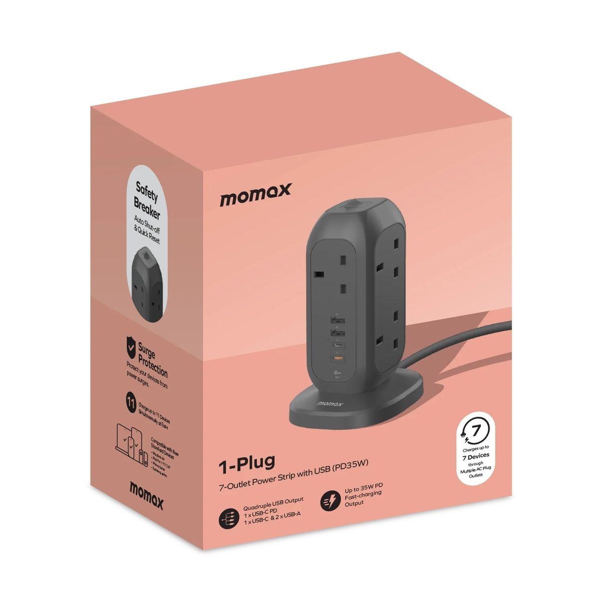 Momax - OnePlug 1-Plug PD35W 2A2C 7位拖板 直立式拖板 Upright Power Strip US18A【香港行貨】