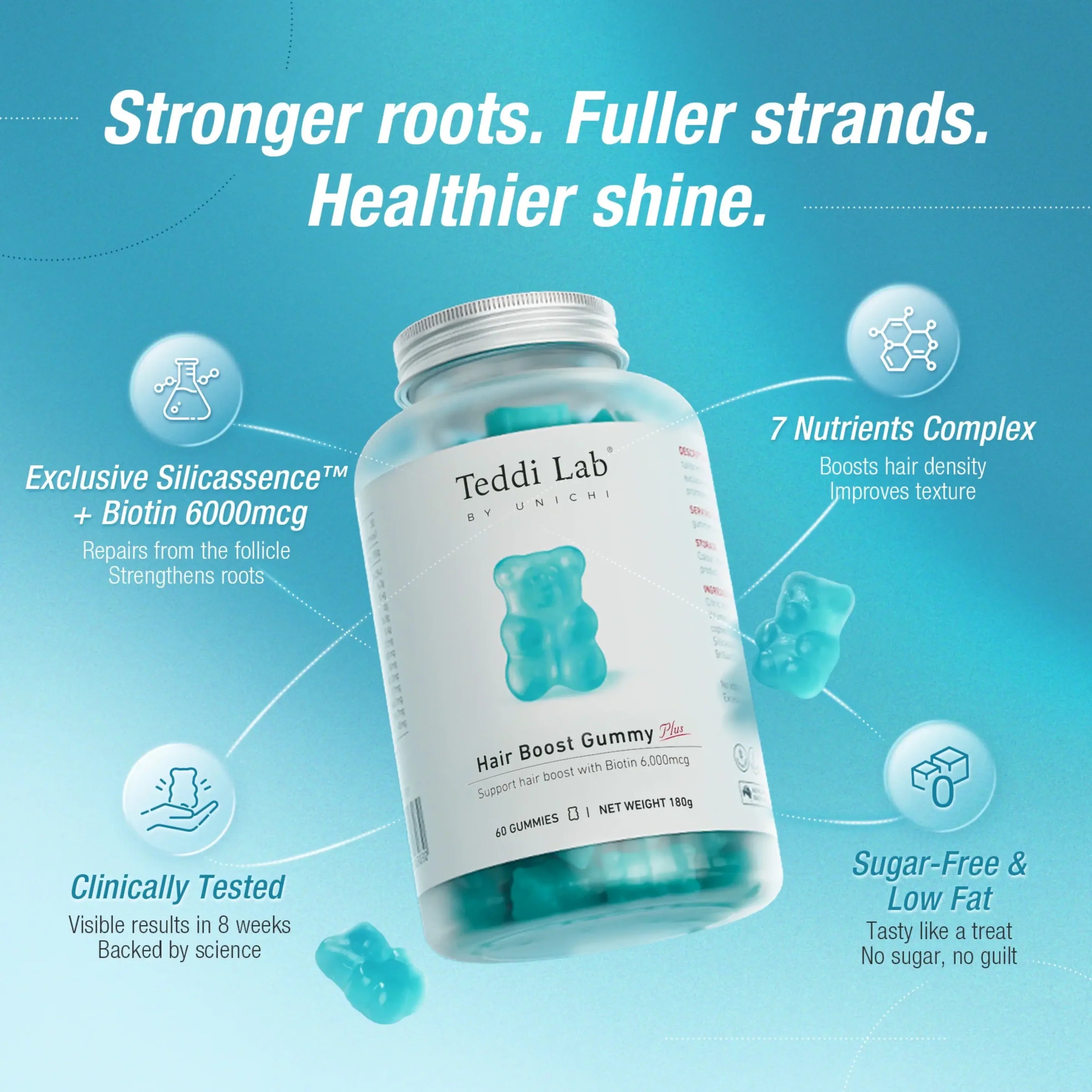 Unichi - Teddi Lab 育髮小熊軟糖 Plus升級版 (60粒) Hair Boost Gummy PLUS 海鹽青提味【Expire: 01/2029】