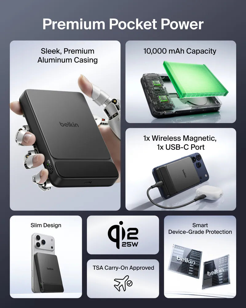 Belkin - UltraCharge Qi2 纖薄磁吸行動電源 10K 尿袋 (10000mAh, CCC認證, 3C可追溯二維碼) BPD022fq【香港行貨】