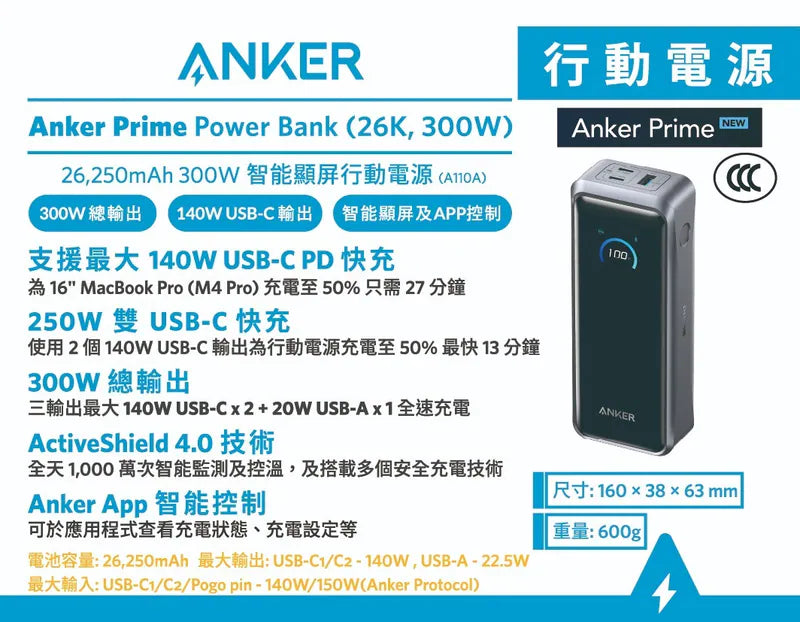 Anker - 300W 多裝置快速充電 行動電源 尿袋 140W USB-C PD快充 (26250mAh) A110A【香港行貨】