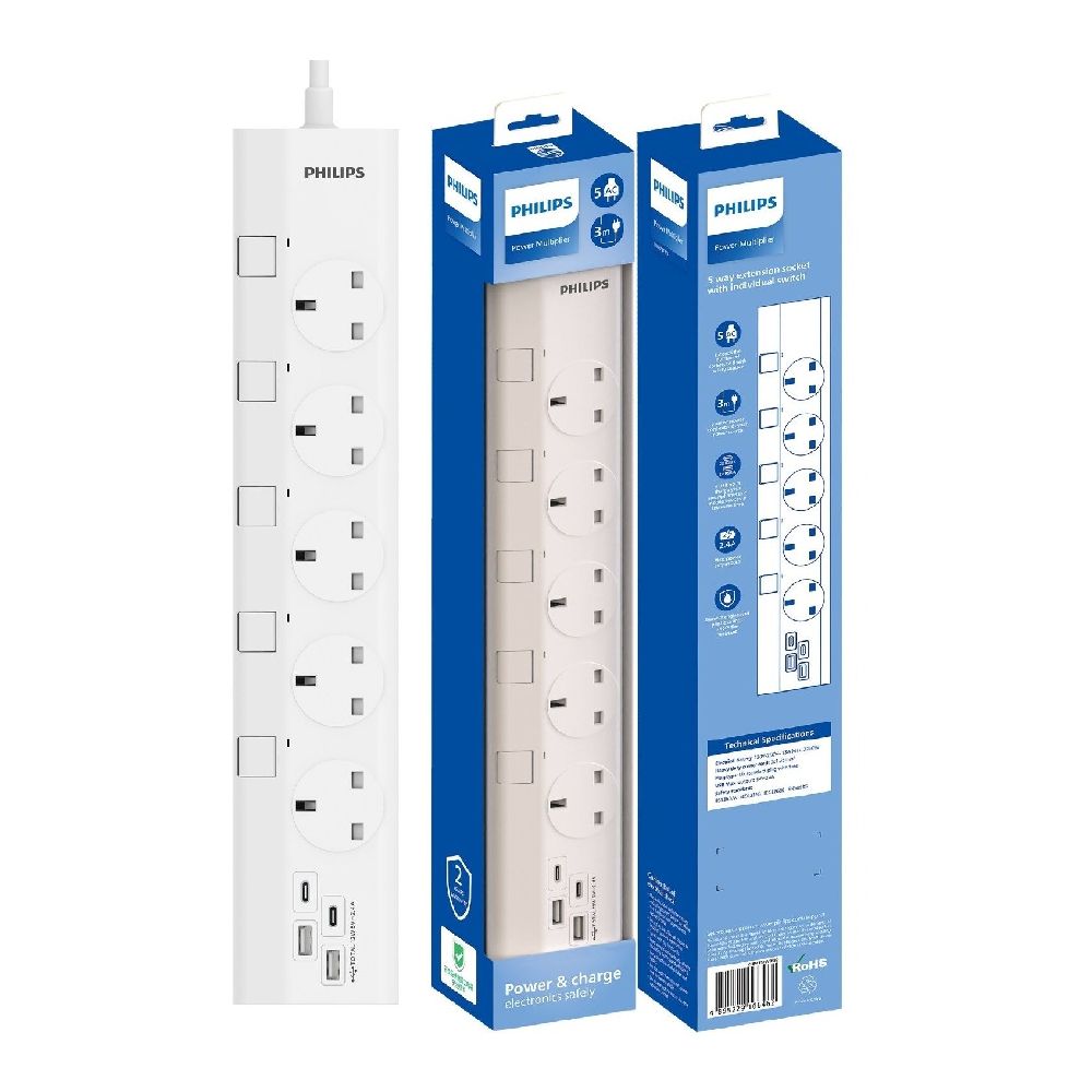 Philips - CHP4757WB USB拖板 五位獨立開關USB安全插座 【香港行貨】