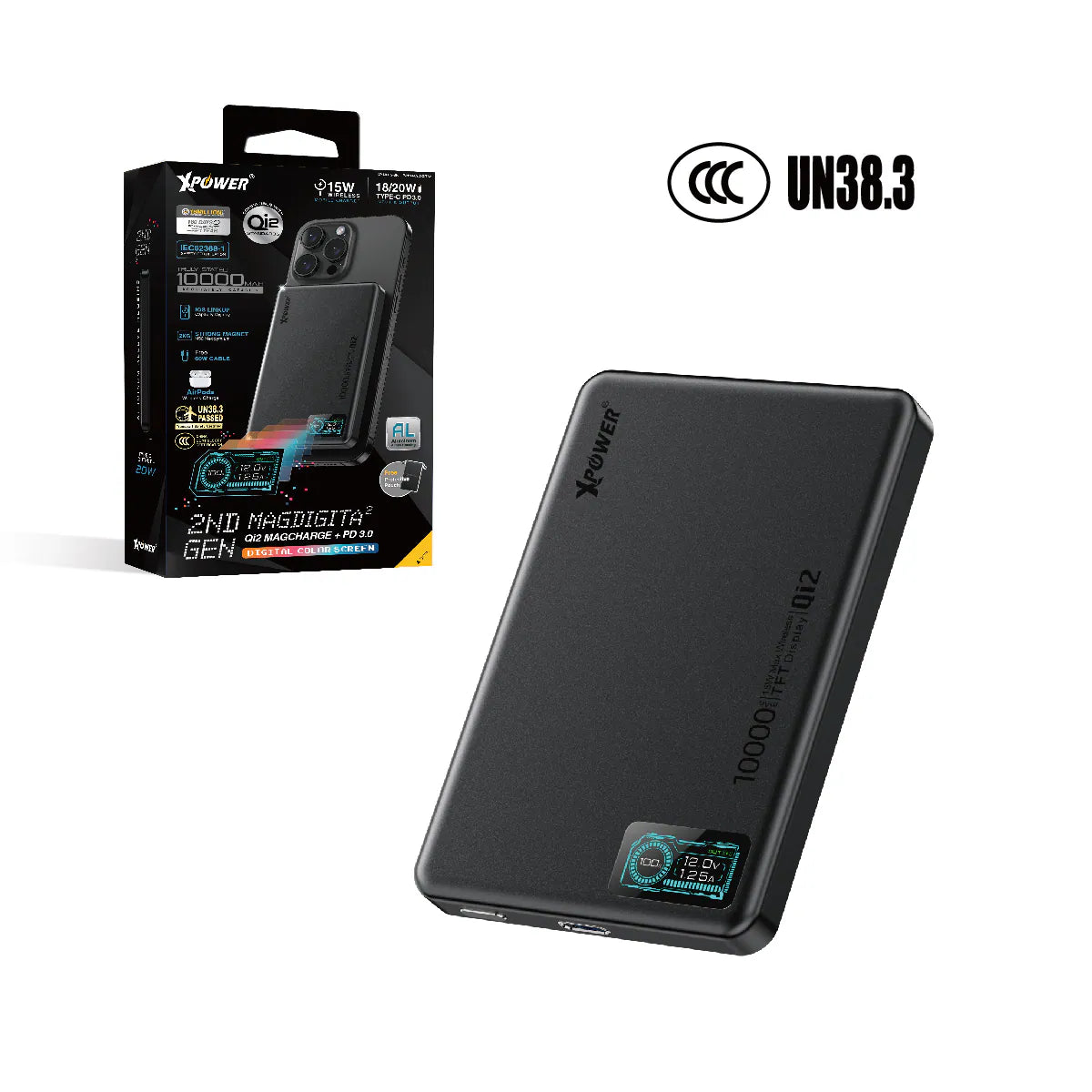 XPower - MagDigita² 第2代 MDT2 PD3.0+QI2 彩屏顯示 磁吸行動電源 尿袋 (10000mAh, CCC認證, 3C可追溯二維碼)【香港行貨】