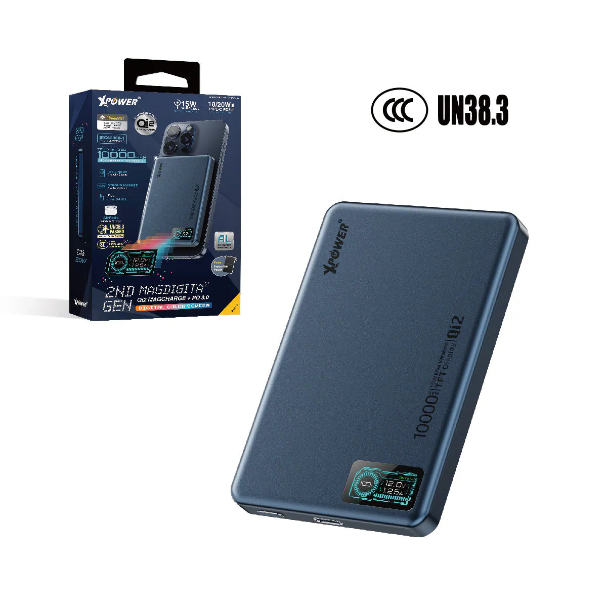 XPower - MagDigita² 第2代 MDT2 PD3.0+QI2 彩屏顯示 磁吸行動電源 尿袋 (10000mAh, CCC認證, 3C可追溯二維碼)【香港行貨】