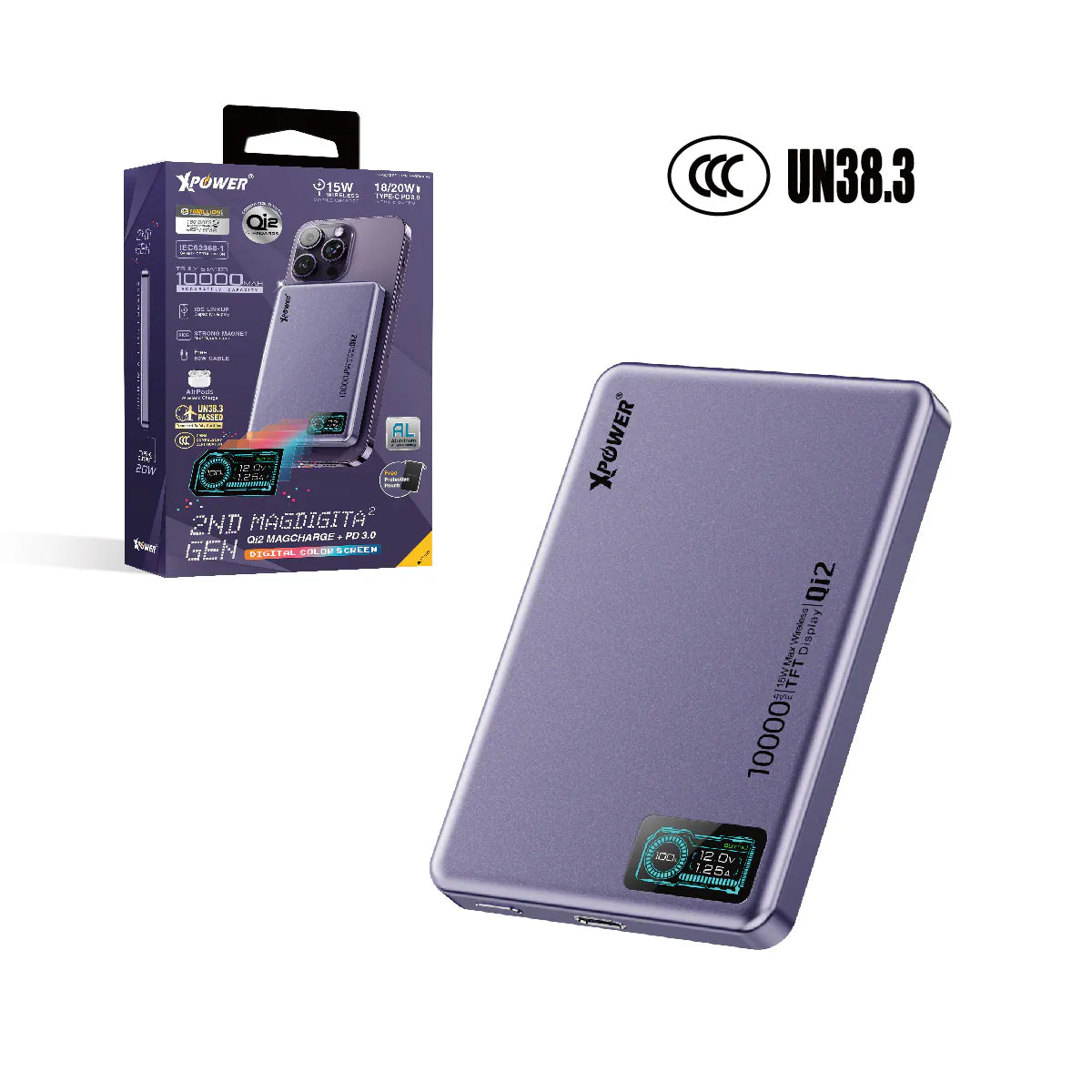 XPower - MagDigita² 第2代 MDT2 PD3.0+QI2 彩屏顯示 磁吸行動電源 尿袋 (10000mAh, CCC認證, 3C可追溯二維碼)【香港行貨】