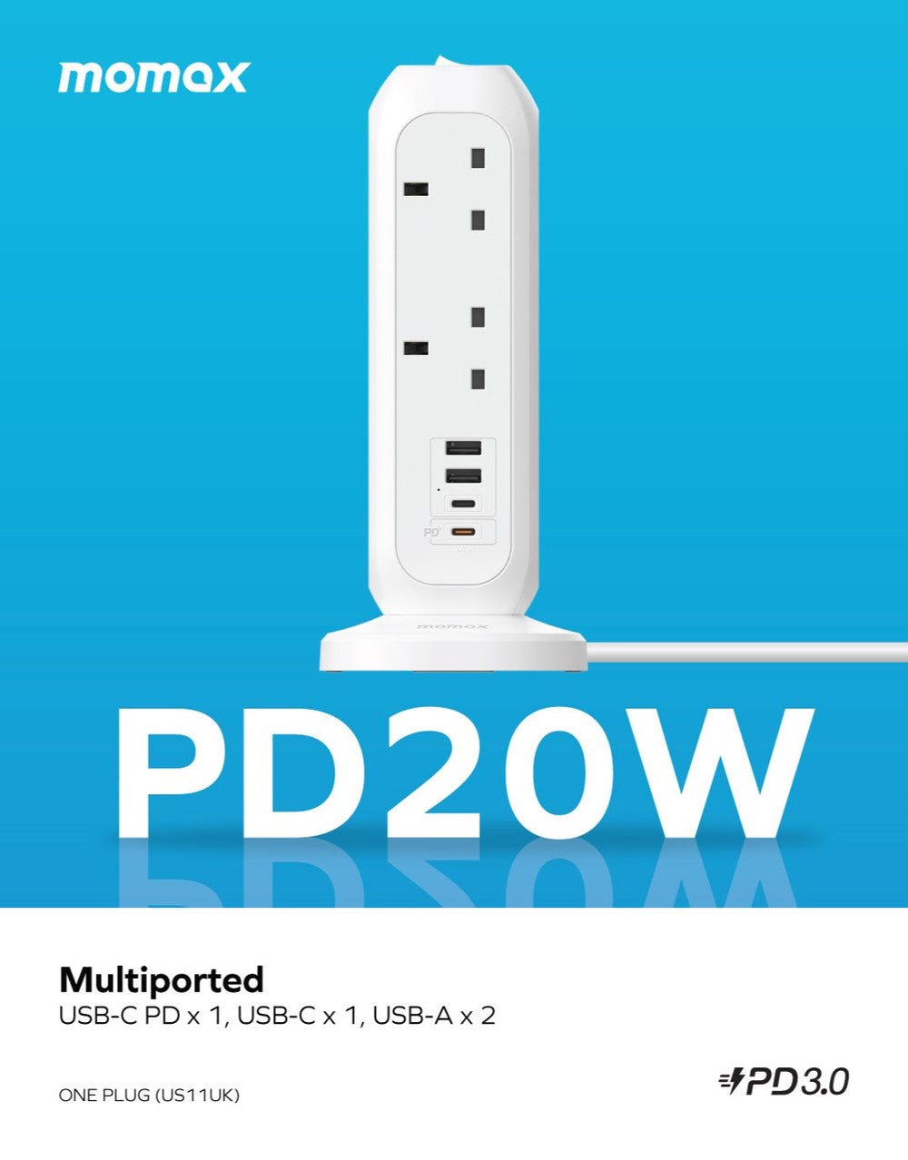 Momax - OnePlug 直立式拖板 PD20W 2A2C 11位排插+4位快充USB拖板【香港行貨】