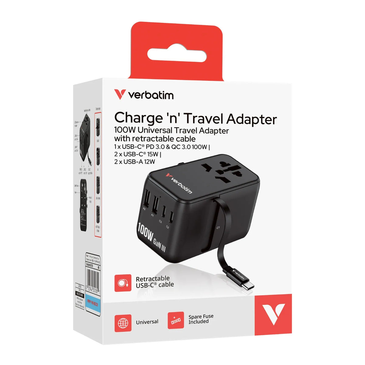 Verbatim - Charge 'n' Travel 100W 通用旅行轉插 (附USB-C可伸縮充電線) GaN III 旅行轉插 Travel Adapter 30185【香港行貨】