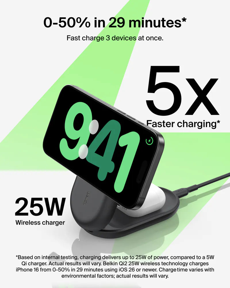 Belkin - UltraCharge Qi2 3合1 可摺疊磁吸充電器 25W (附送 45W 充電器) WIZ037my【香港行貨】