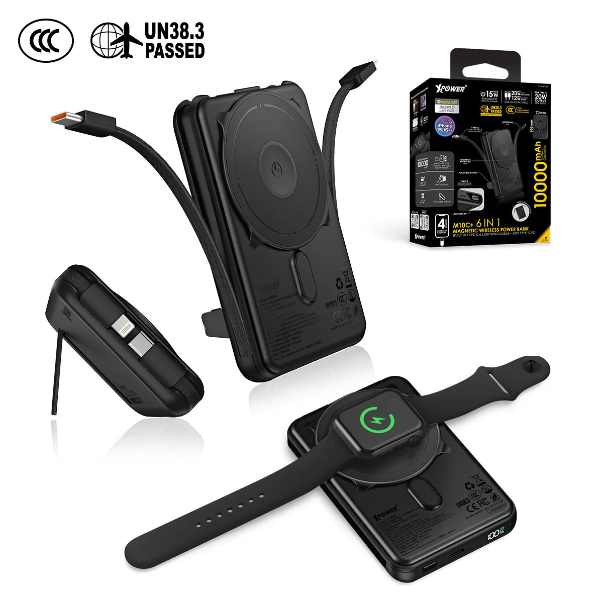 XPower - M10C+ 6合1多功能數顯 磁吸無線移動電源 行動電源 尿袋 (10000mAh, CCC認證, 20W PD3.0 )【香港行貨】