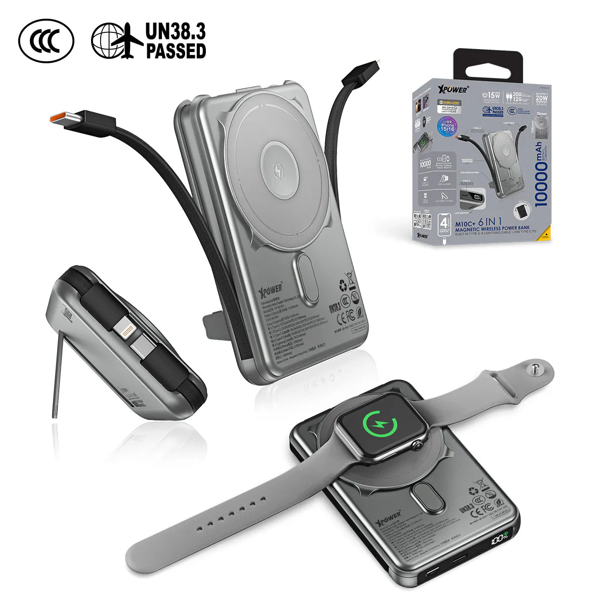 XPower - M10C+ 6合1多功能數顯 磁吸無線移動電源 行動電源 尿袋 (10000mAh, CCC認證, 20W PD3.0 )【香港行貨】