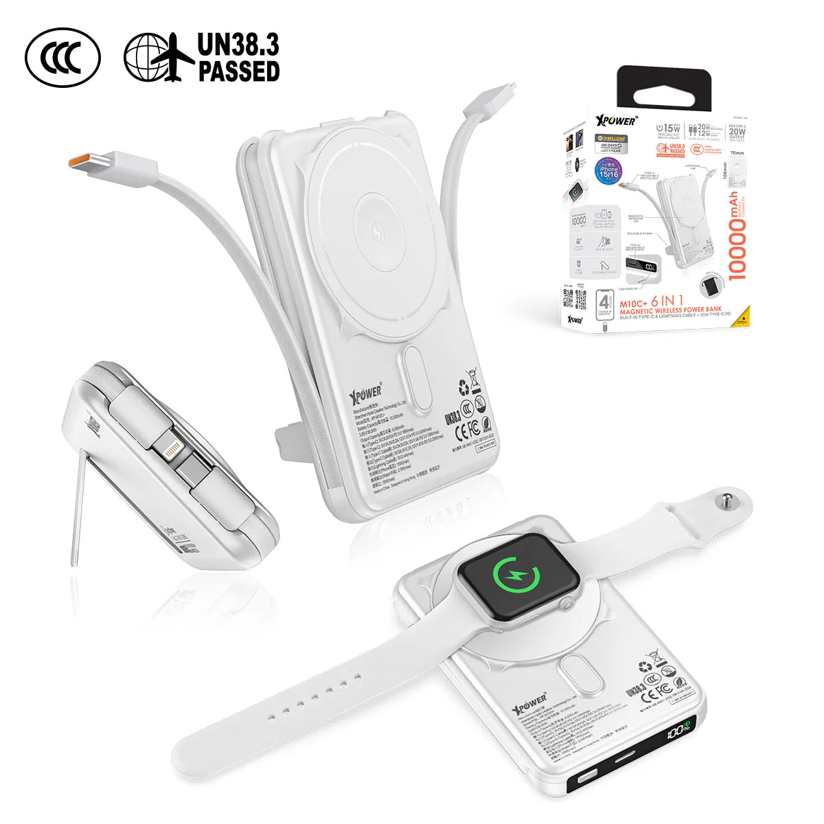 XPower - M10C+ 6合1多功能數顯 磁吸無線移動電源 行動電源 尿袋 (10000mAh, CCC認證, 20W PD3.0 )【香港行貨】